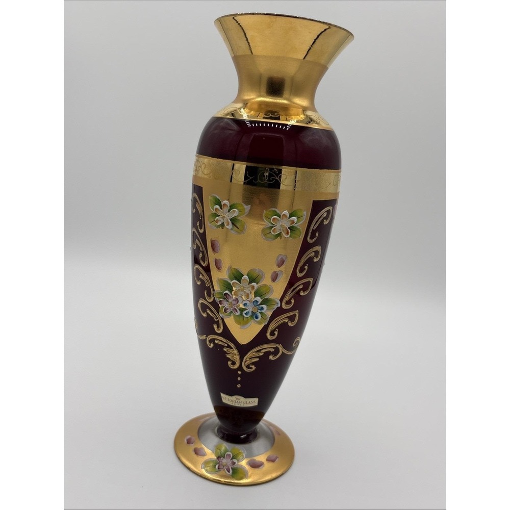 Seyei Japan Ruby Red Cranberry Glass Vase - 24K Gold Gilt & Enamel Flowers